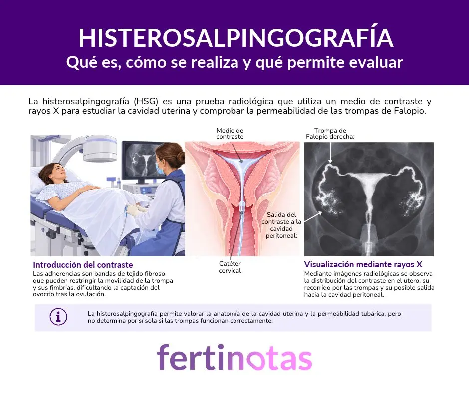 Infografía sobre histerosalpingografía que muestra la introducción del contraste por el cuello uterino, su paso por las trompas de Falopio y la visualización mediante rayos X.