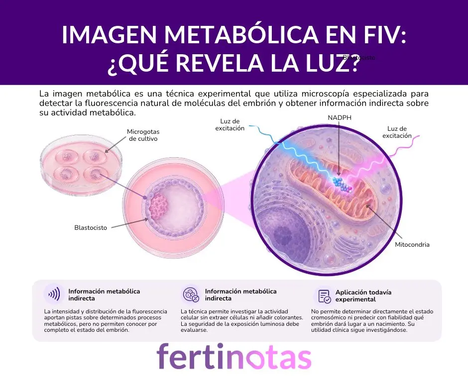 imagen metabolica emrbion fiv Infografía sobre imagen metabólica en FIV que muestra un blastocisto en cultivo y una ampliación celular de la fluorescencia del NAD(P)H relacionada con el metabolismo embrionario.