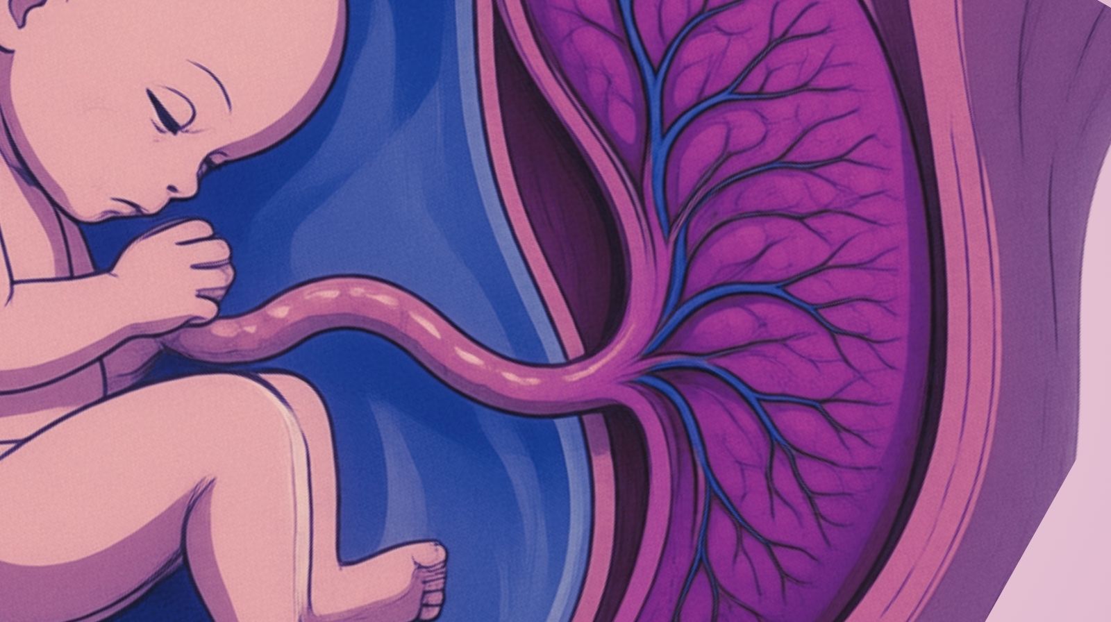 Ilustración médica de un bebé en el útero conectado a la placenta mediante el cordón umbilical, con detalle de los vasos sanguíneos placentarios.