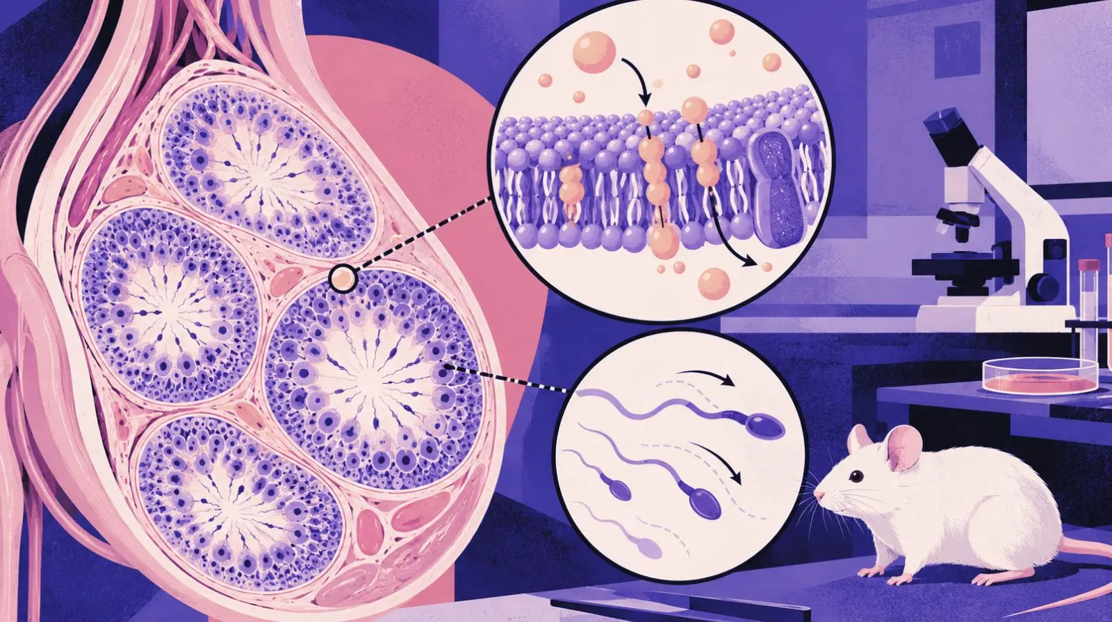 Ilustración científica del tejido testicular, los lípidos de la membrana del espermatozoide y la movilidad espermática, basada en un estudio del gen Elovl4 en ratones.