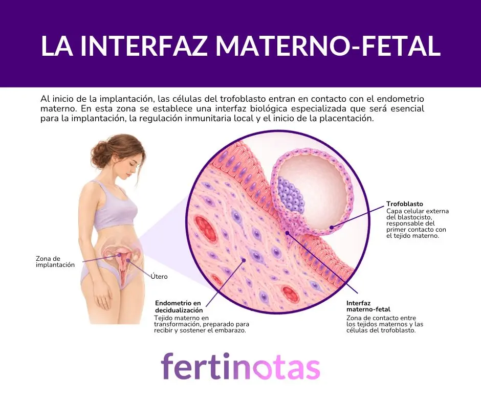 Ilustración de la interfaz materno-fetal durante la implantación embrionaria, con el trofoblasto del blastocisto en contacto con el endometrio materno.
